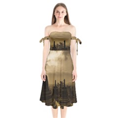 Borobudur Temple Indonesia Shoulder Tie Bardot Midi Dress