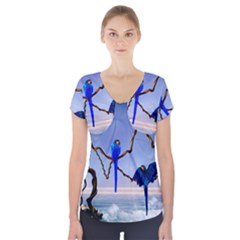Wonderful Blue  Parrot Looking To The Ocean Short Sleeve Front Detail Top by FantasyWorld7