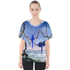 Wonderful Blue  Parrot Looking To The Ocean V-neck Dolman Drape Top by FantasyWorld7
