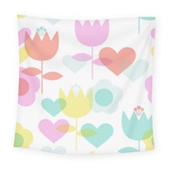 Tulip Lotus Sunflower Flower Floral Staer Love Pink Red Blue Green Square Tapestry (large) by Mariart