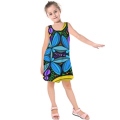 Star Polka Natural Blue Yellow Flower Floral Kids  Sleeveless Dress by Mariart