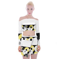 Black, Gray, Yellow Stripes And Dots Off Shoulder Top With Skirt Set by digitaldivadesigns