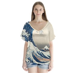 The Classic Japanese Great Wave Off Kanagawa By Hokusai V-neck Flutter Sleeve Top by PodArtist