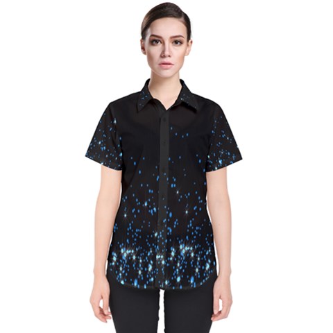 Blue Glowing Star Particle Random Motion Graphic Space Black Women s Short Sleeve Shirt by Mariart