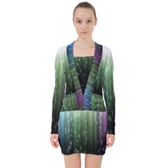 Numerical Animation Random Stripes Rainbow Space V-neck Bodycon Long Sleeve Dress by Mariart