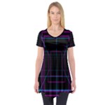 Retro Neon Grid Squares And Circle Pop Loop Motion Background Plaid Purple Short Sleeve Tunic 