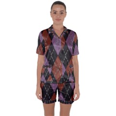 Knit Geometric Plaid Fabric Pattern Satin Short Sleeve Pyjamas Set by paulaoliveiradesign