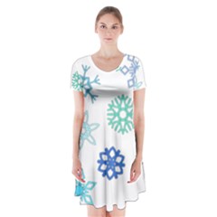 Snowflakes Blue Green Star Short Sleeve V-neck Flare Dress by Mariart