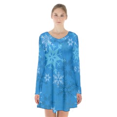 Snowflakes Cool Blue Star Long Sleeve Velvet V-neck Dress by Mariart