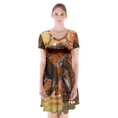 Steampunk, Steampunk Elephant With Clocks And Gears Short Sleeve V-neck Flare Dress by FantasyWorld7