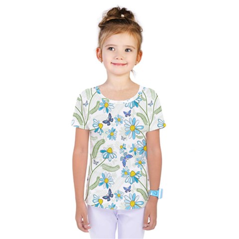 Flower Blue Butterfly Leaf Green Kids  One Piece Tee by Mariart