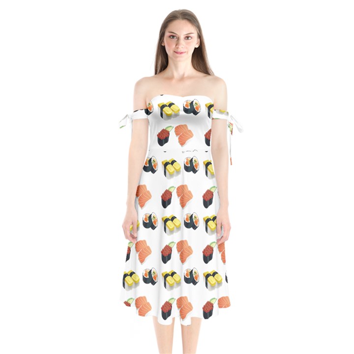 Sushi pattern Shoulder Tie Bardot Midi Dress