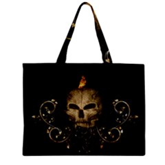 Golden Skull With Crow And Floral Elements Zipper Mini Tote Bag by FantasyWorld7