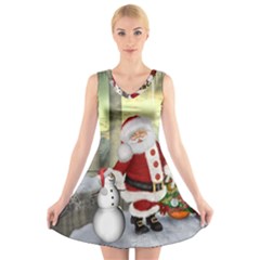 Sanata Claus With Snowman And Christmas Tree V-neck Sleeveless Skater Dress by FantasyWorld7