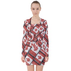 Canadian Flag Motif Pattern V-neck Bodycon Long Sleeve Dress by dflcprints