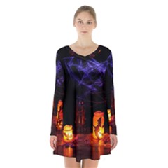 Awaiting Halloween Night Long Sleeve Velvet V-neck Dress by gothicandhalloweenstore