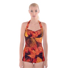 Ablaze With Beautiful Fractal Fall Colors Boyleg Halter Swimsuit  by jayaprime
