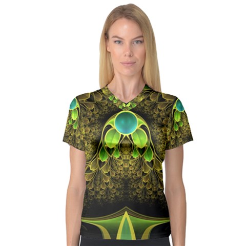 Beautiful Gold And Green Fractal Peacock Feathers V-neck Sport Mesh Tee by jayaprime