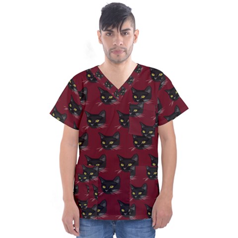 Face Cat Animals Red Men s V-neck Scrub Top by Mariart