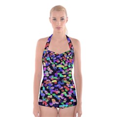 Colorful Paint Strokes On A Black Background                                       Boyleg Halter Swimsuit by LalyLauraFLM
