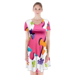 Passel Picture Green Pink Blue Sexy Game Short Sleeve V-neck Flare Dress by Mariart