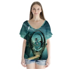 Cute Fairy Dancing On The Moon V-neck Flutter Sleeve Top by FantasyWorld7