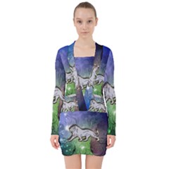 Wonderful Lion Silhouette On Dark Colorful Background V-neck Bodycon Long Sleeve Dress by FantasyWorld7