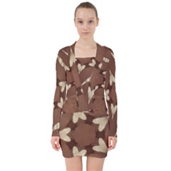 Chocolate Brown Kaleidoscope Design Star V-neck Bodycon Long Sleeve Dress by yoursparklingshop