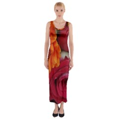 Floral Photography Orange Red Rose Daisy Elegant Flowers Bouquet Fitted Maxi Dress