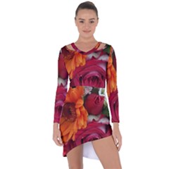 Floral Photography Orange Red Rose Daisy Elegant Flowers Bouquet Asymmetric Cut-out Shift Dress