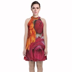 Floral Photography Orange Red Rose Daisy Elegant Flowers Bouquet Velvet Halter Neckline Dress  by yoursparklingshop