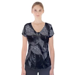 Black And White Leaves Photo Short Sleeve Front Detail Top by dflcprintsclothing