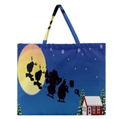 Santa Claus Christmas Sleigh Flying Moon House Tree Zipper Large Tote Bag by Alisyart