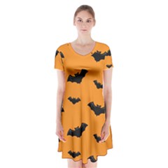 Halloween Bat Animals Night Orange Short Sleeve V-neck Flare Dress by Alisyart