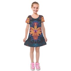 Beautiful Fiery Orange & Blue Fractal Orchid Flower Kids  Short Sleeve Velvet Dress by jayaprime