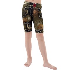 Wonderful Noble Steampunk Design, Clocks And Gears And Butterflies Kids  Mid Length Swim Shorts by FantasyWorld7
