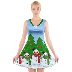 Kawaii Snowman V-neck Sleeveless Skater Dress by Valentinaart