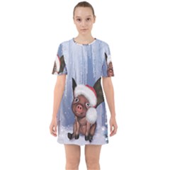 Christmas, Cute Little Piglet With Christmas Hat Sixties Short Sleeve Mini Dress by FantasyWorld7