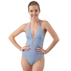 Powder Blue Stitched And Quilted Pattern Halter Cut-out One Piece Swimsuit by PodArtist