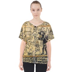 Mystery Pattern Pyramid Peru Aztec Font Art Drawing Illustration Design Text Mexico History Indian V-neck Dolman Drape Top by Celenk