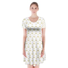 Gold Scales Of Justice On White Repeat Pattern All Over Print Short Sleeve V-neck Flare Dress by PodArtist