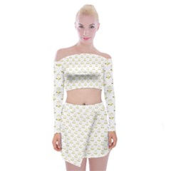 Gold Scales Of Justice On White Repeat Pattern All Over Print Off Shoulder Top With Mini Skirt Set by PodArtist