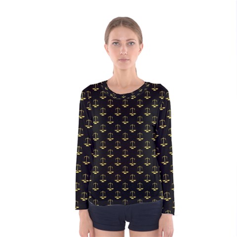 Gold Scales Of Justice On Black Repeat Pattern All Over Print  Women s Long Sleeve Tee by PodArtist