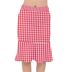 Large Christmas Red And White Gingham Check Plaid Mermaid Skirt by PodArtist