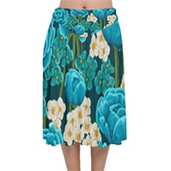 Light Blue Roses And Daisys Velvet Flared Midi Skirt by allthingseveryone