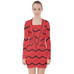Red Box Pattern V-neck Bodycon Long Sleeve Dress