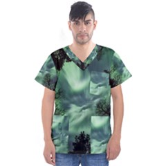 Northern Lights In The Forest Men s V-neck Scrub Top