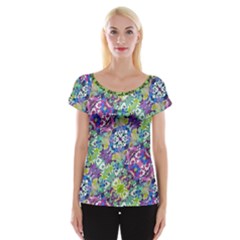 Colorful Modern Floral Print Cap Sleeve Tops