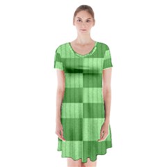 Wool Ribbed Texture Green Shades Short Sleeve V-neck Flare Dress by Celenk