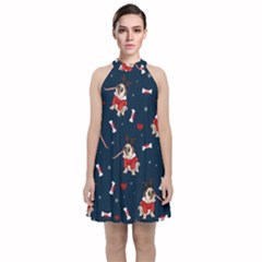 Pug Xmas Pattern Velvet Halter Neckline Dress  by Valentinaart